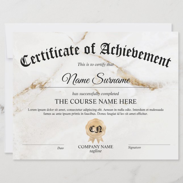 Certificaat van prestatie Award Cursus (Voorkant)