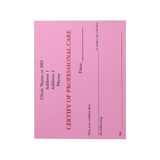 Certificaat van Professional Care Notitieblok (Roz (Linkerzijde)