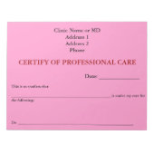 Certificaat van Professional Care Notitieblok (Roz (Voorkant)