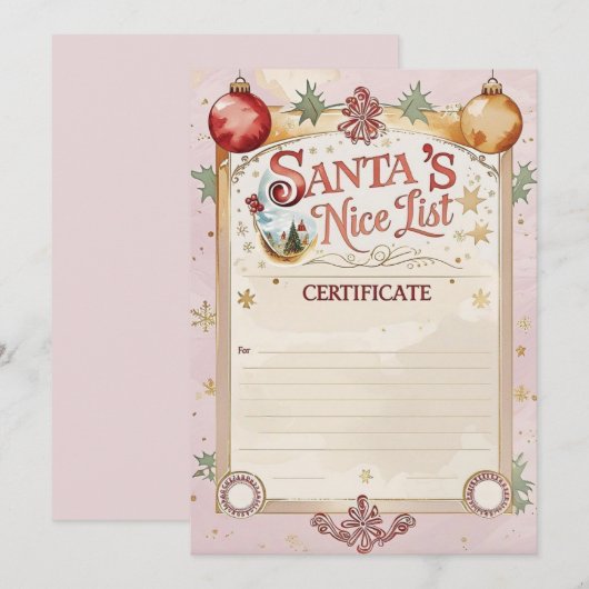 Certificaat van Santa's Nice List | Pastel Roze & Kaart (Voorkant / Achterkant)
