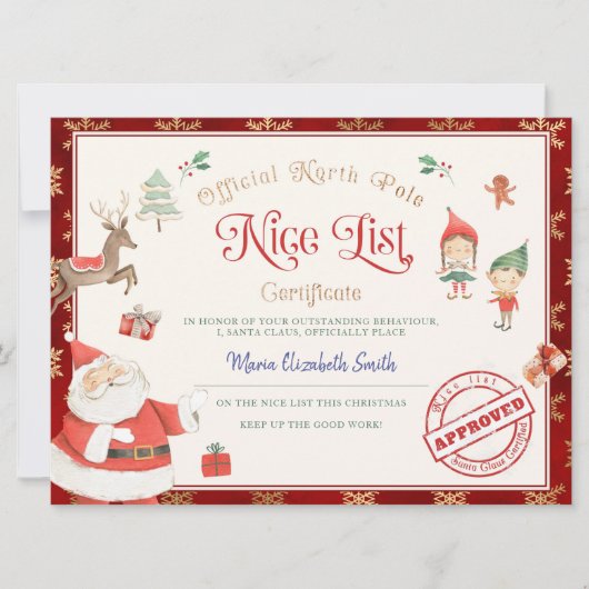 Certificaat van Sinterklaas' Goede Lijst Kaart (Voorkant)