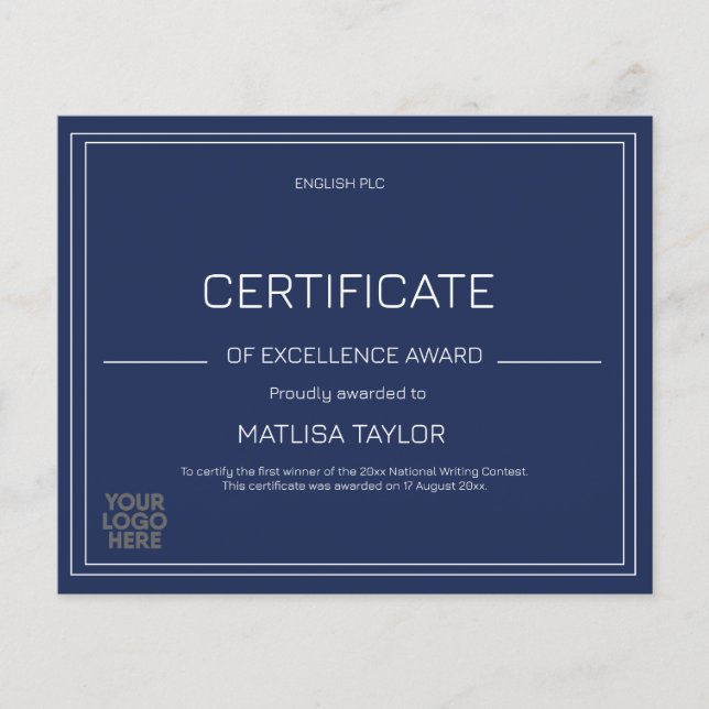Certificaat van uitmuntendheid Award Navy Add Logo (Voorkant)