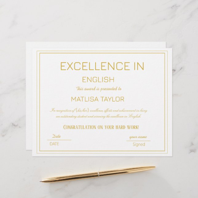 Certificaat van uitmuntendheid in Engelse prestati (Voorkant / Achterkant in situ)