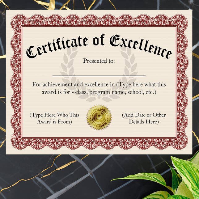 Certificaat van Uitmuntendheid Rood Aanpasbaar 21, (certificate of excellence)