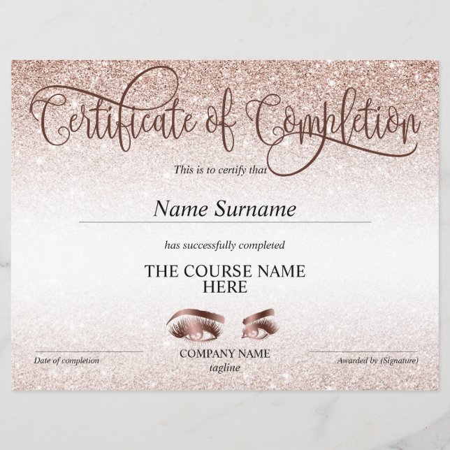 Certificaat van voltooiing Award wimpers Cursus (Voorkant)