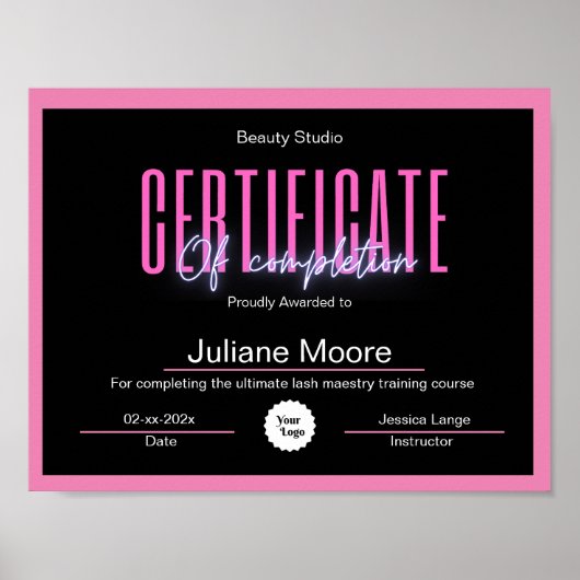 certificaat van voltooiing awards roze en zwart poster (Voorkant)