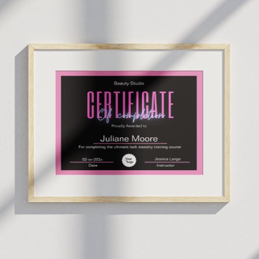certificaat van voltooiing awards roze en zwart poster