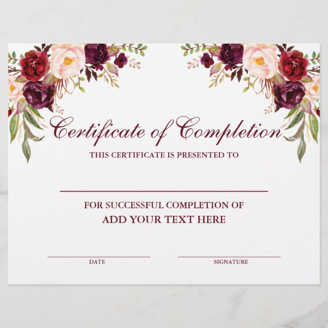 Certificaat van voltooiing Bourgogne Floral (Voorkant)