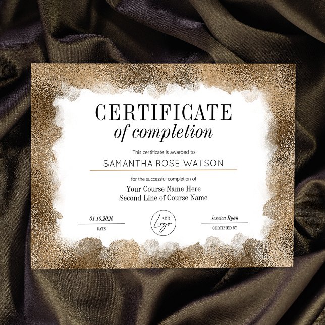 Certificaat van Voltooiing Gold Glitter Salon Awar (Elegant gold glitter effect Certificate of Completion professional course award)