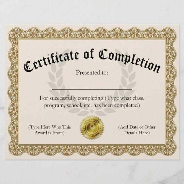 Certificaat van voltooiing Goud Aanpasbaar 8.5x11 (Voorkant)