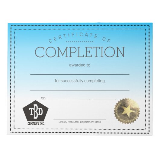 Certificaat van voltooiing, ingevulde personeelsbe notitieblok (Voorkant)