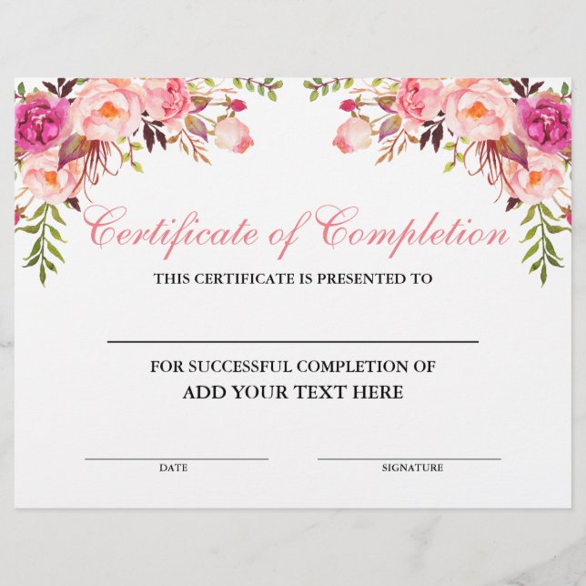 Certificaat van voltooiing Roze Floral - Jouw teks (Voorkant)