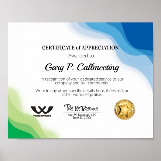 Certificaat van waardering van vrijwilligers poster (Voorkant)