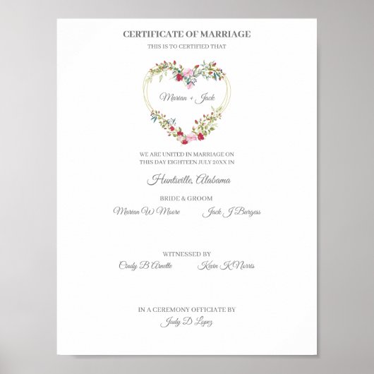 Certificaat van weduwschap Rood en Roze Floral Hea Poster (Voorkant)