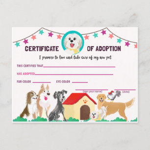 Certificaat voor de adoptie van een puppy voor een uitnodiging briefkaart
