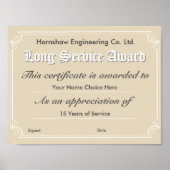 Certificaat voor de toekenning van een lange servi poster (Voorkant)
