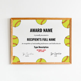 Certificaat voor Softball Excellence Poster