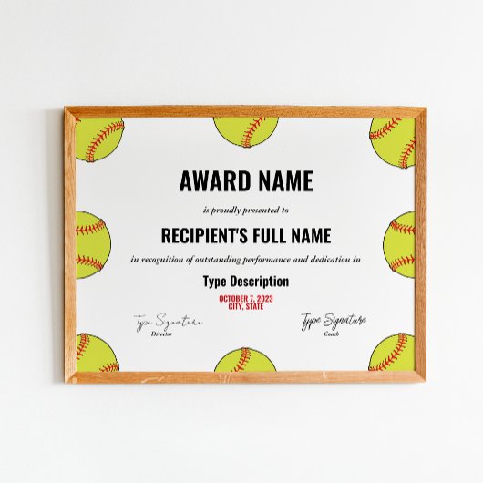 Certificaat voor Softball Excellence Poster