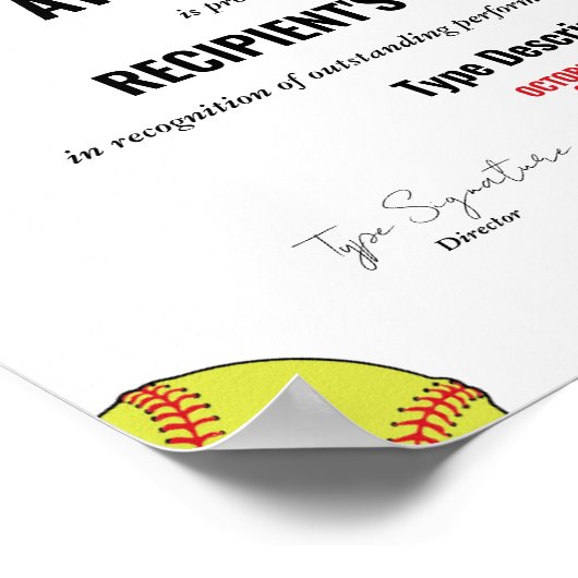 Certificaat voor Softball Excellence Poster (Hoek)