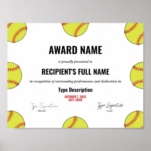 Certificaat voor Softball Excellence Poster (Voorkant)