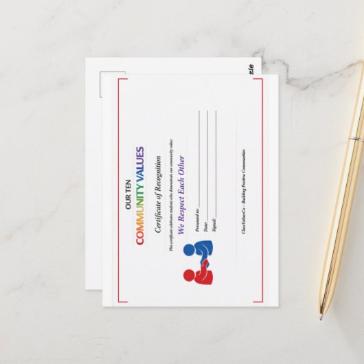 Certificaat 'We Respecteren Elkaar' Briefkaart (Voorkant / Achterkant in situ)