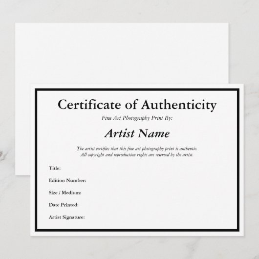 Certificaatauthenticiteit voor Sjabloon fotografie Kaart (Voorkant / Achterkant)