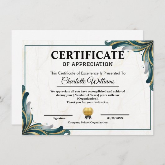 Certificate of Appreciation Editable Award Templat Informatiekaartje (Voorkant / Achterkant)