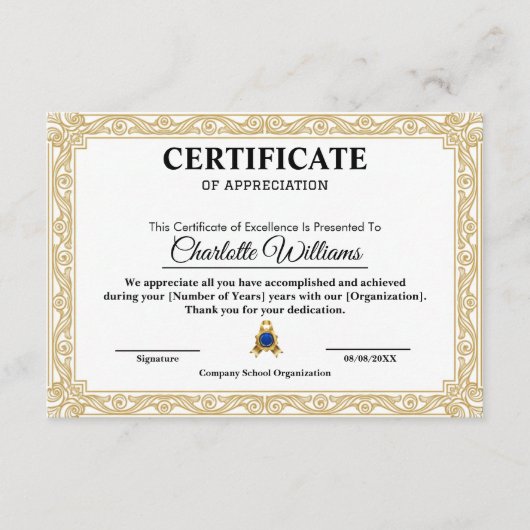 Certificate of Appreciation Gold Elegant Template Informatiekaartje (Voorkant)
