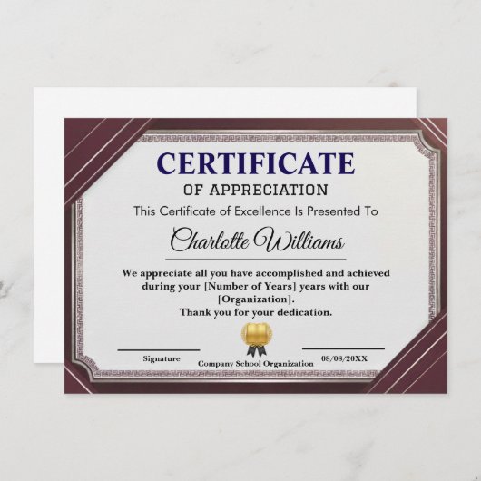 Certificate of Appreciation Professional Elegant Informatiekaartje (Voorkant / Achterkant)