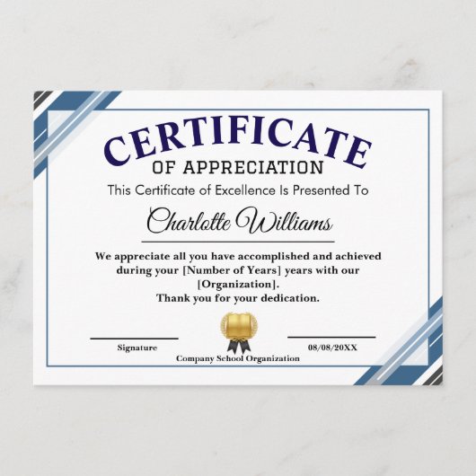 Certificate of Appreciation – Professional Recogni Informatiekaartje (Voorkant)