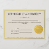 Certificate of Authenticity for Artists Folie Uitnodiging (Voorkant)