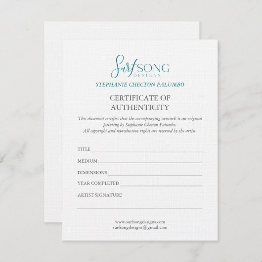 Certificate of Authenticity For Artwork Kaart (Voorkant / Achterkant)