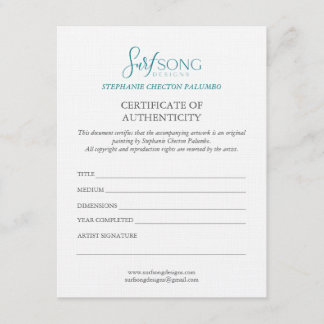 Certificate of Authenticity For Artwork Kaart
