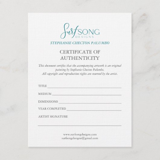 Certificate of Authenticity For Artwork Kaart (Voorkant)