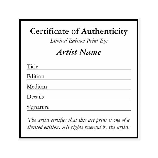 Certificate of Authenticity for Prints  Rubberstempel (Afrduk)