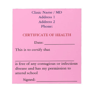 Certificate of Health-blocnote (roze) Notitieblok