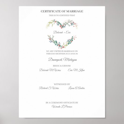 Certificate of Marriage Floral Heart in Pink Poster (Voorkant)