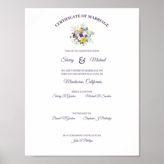 Certificate Simple Floral Rozen Pansy Bouquet Poster (Voorkant)