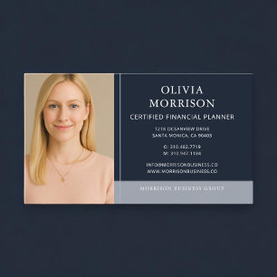 Certified Financial Planner-foto in marineblauw Visitekaartje