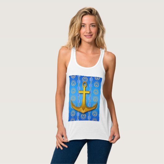 Cerulean Blauw Goud Anker Racerback Tanktop (Volledige Voorkant)