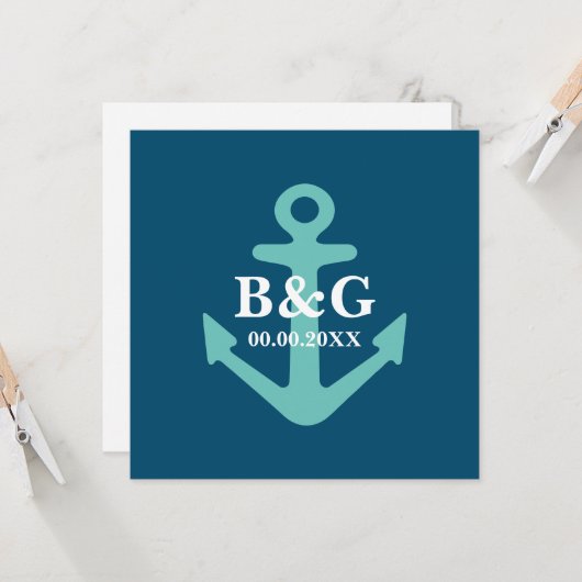 Cerulean blauw nautisch anker logo vierkante bruil kaart (Voorkant / Achterkant in situ)