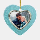 Cerulean Blue Brocade Aandenken Sjabloon Keramisch Ornament (Voorkant)