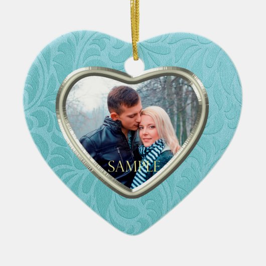 Cerulean Blue Brocade Aandenken Sjabloon Keramisch Ornament (Voorkant)