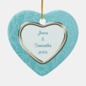 Cerulean Blue Brocade Aandenken Sjabloon Keramisch Ornament (Achterkant)