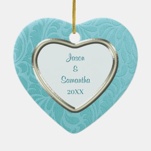 Cerulean Blue Brocade Aandenken Sjabloon Keramisch Ornament (Achterkant)