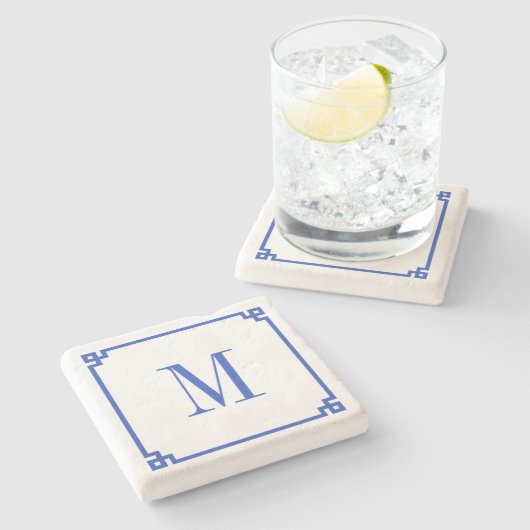 Cerulean Blue Greek Key Border Monogram Stenen Onderzetter (Zijkant)