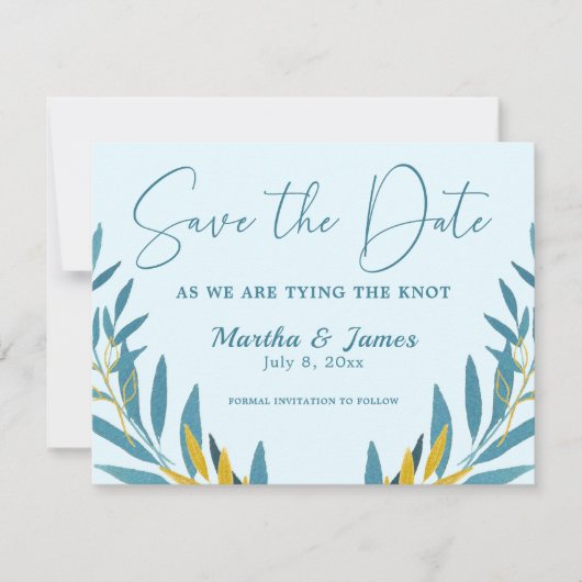 Cerulean Blue Leaves Wedding Save the Date Kaart (Voorkant)