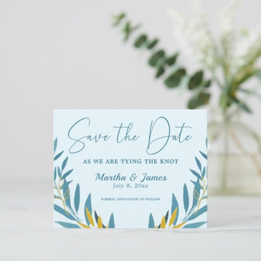 Cerulean Blue Leaves Wedding Save the Date Kaart (Staand voorkant)