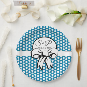 Cerulean Blue Polka Dot White Bow gepersonaliseerd Papieren Bordje