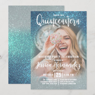 Cerulean Blue Triple Glitter Foto Quinceañera Kaart